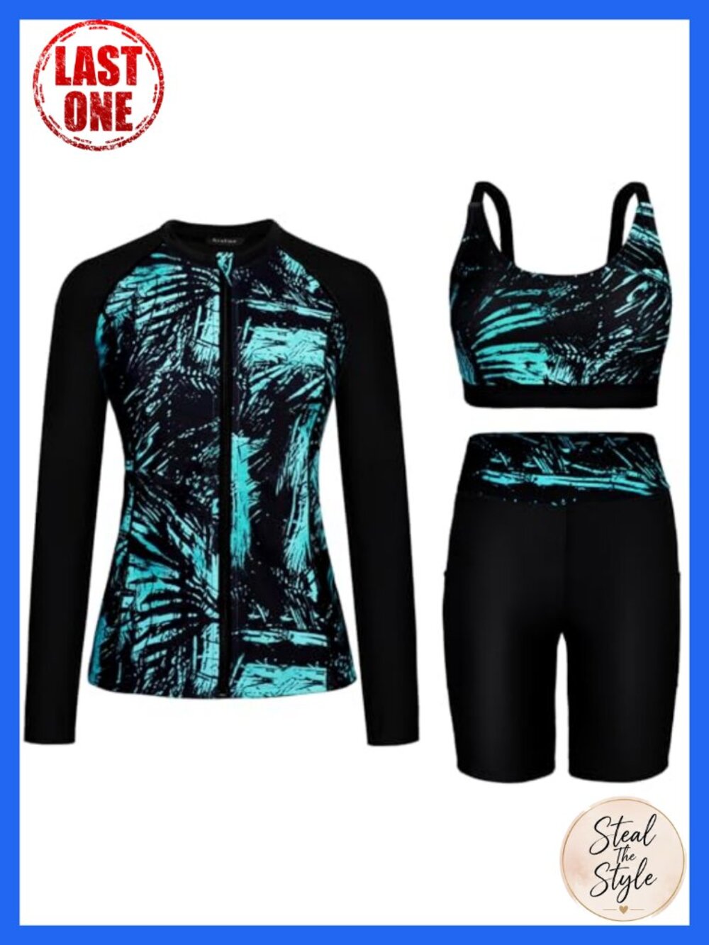 3 Piece UPF 50+ Rash Guard Set Long Sleeve Swimwear with Shorts